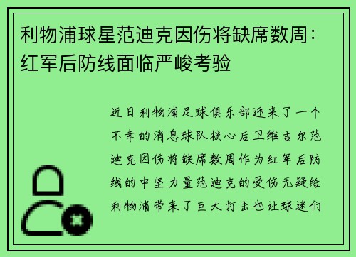 利物浦球星范迪克因伤将缺席数周：红军后防线面临严峻考验