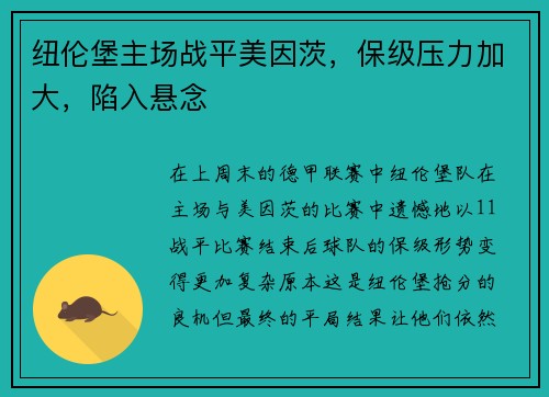 纽伦堡主场战平美因茨，保级压力加大，陷入悬念