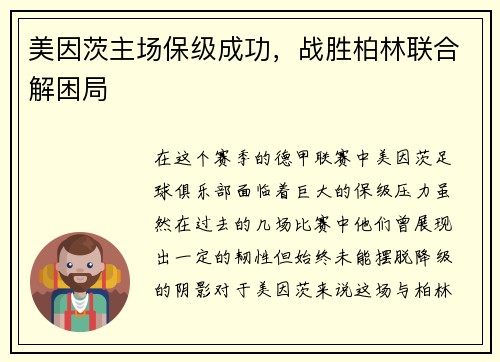 美因茨主场保级成功，战胜柏林联合解困局